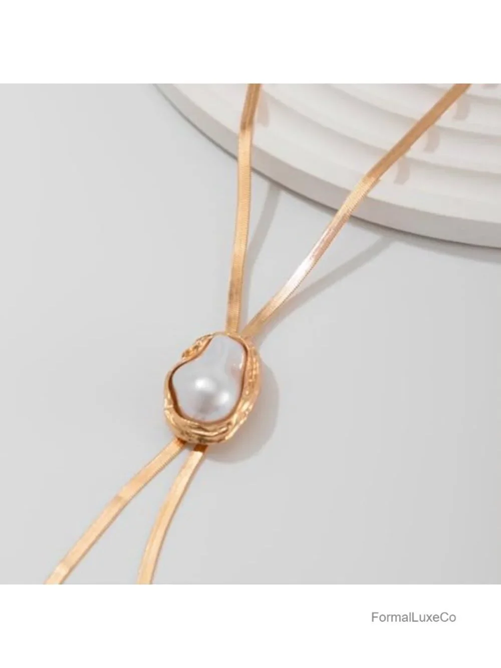 Baroque Pearl Y Necklace Gold Plated Herringbone Chain Ladies
